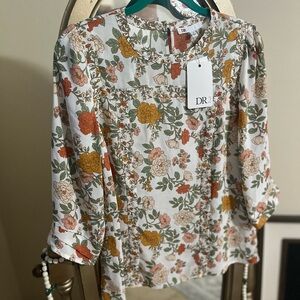 DR2 Women's Floral Blouse - White, Orange, Green